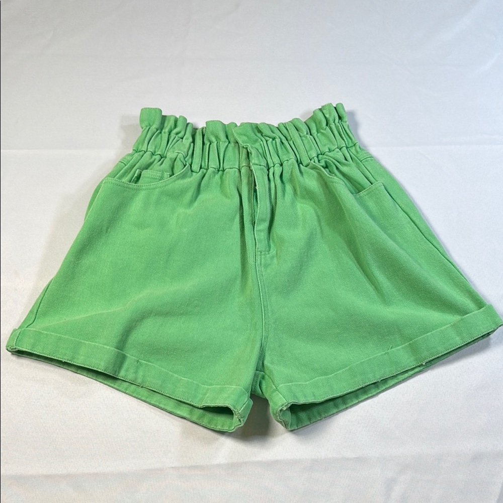 Fantastic Fawn Women's‎ Size Small Paper Bag Denim Shorts Green Cotton High Rise